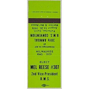 Vtg Matchbook Cover RMS 1979 Milwaukee Mel Reese Convention Election Lime Green